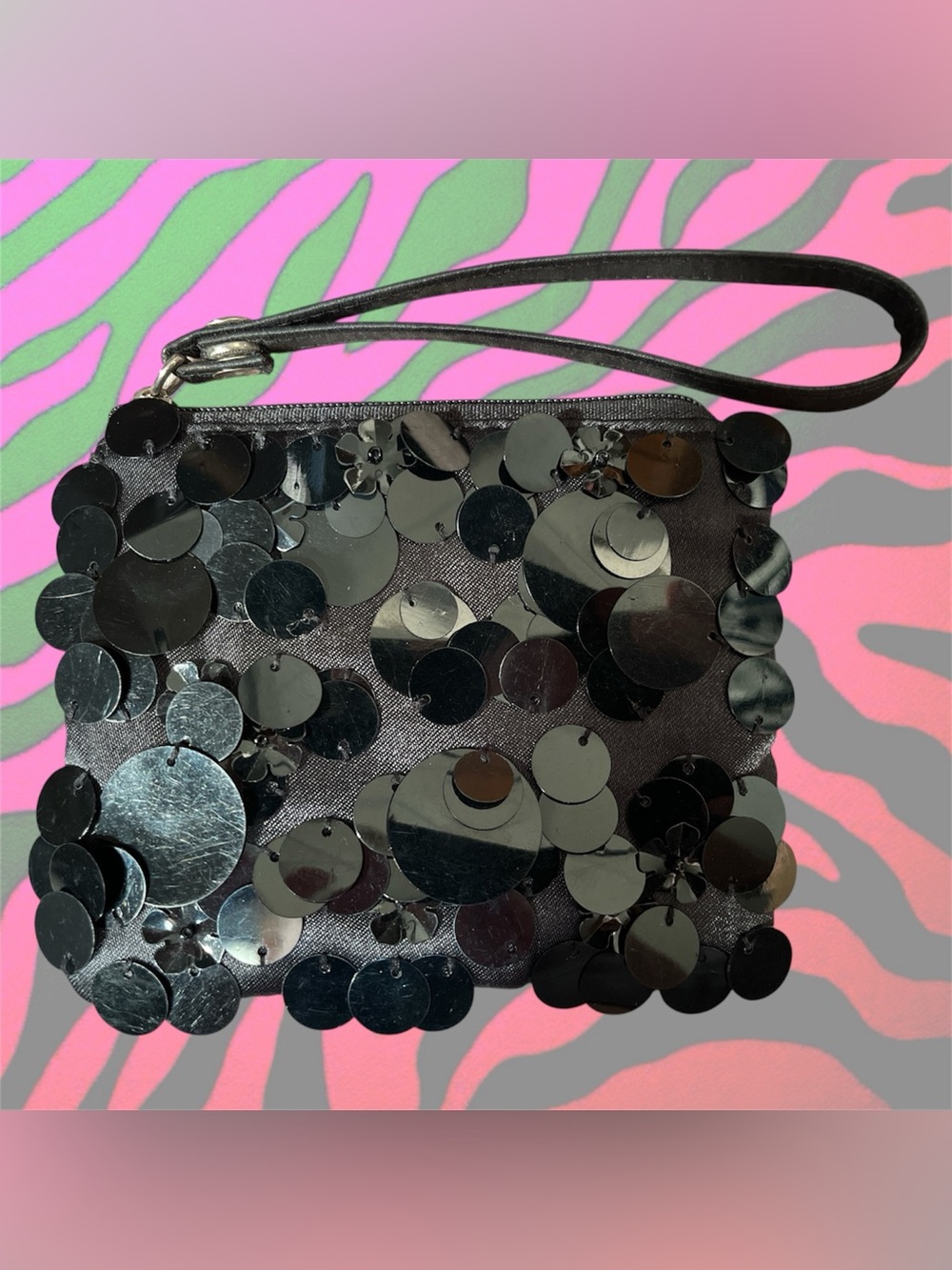 whimsygoth tiny black sequin wristlet evening bag clutch